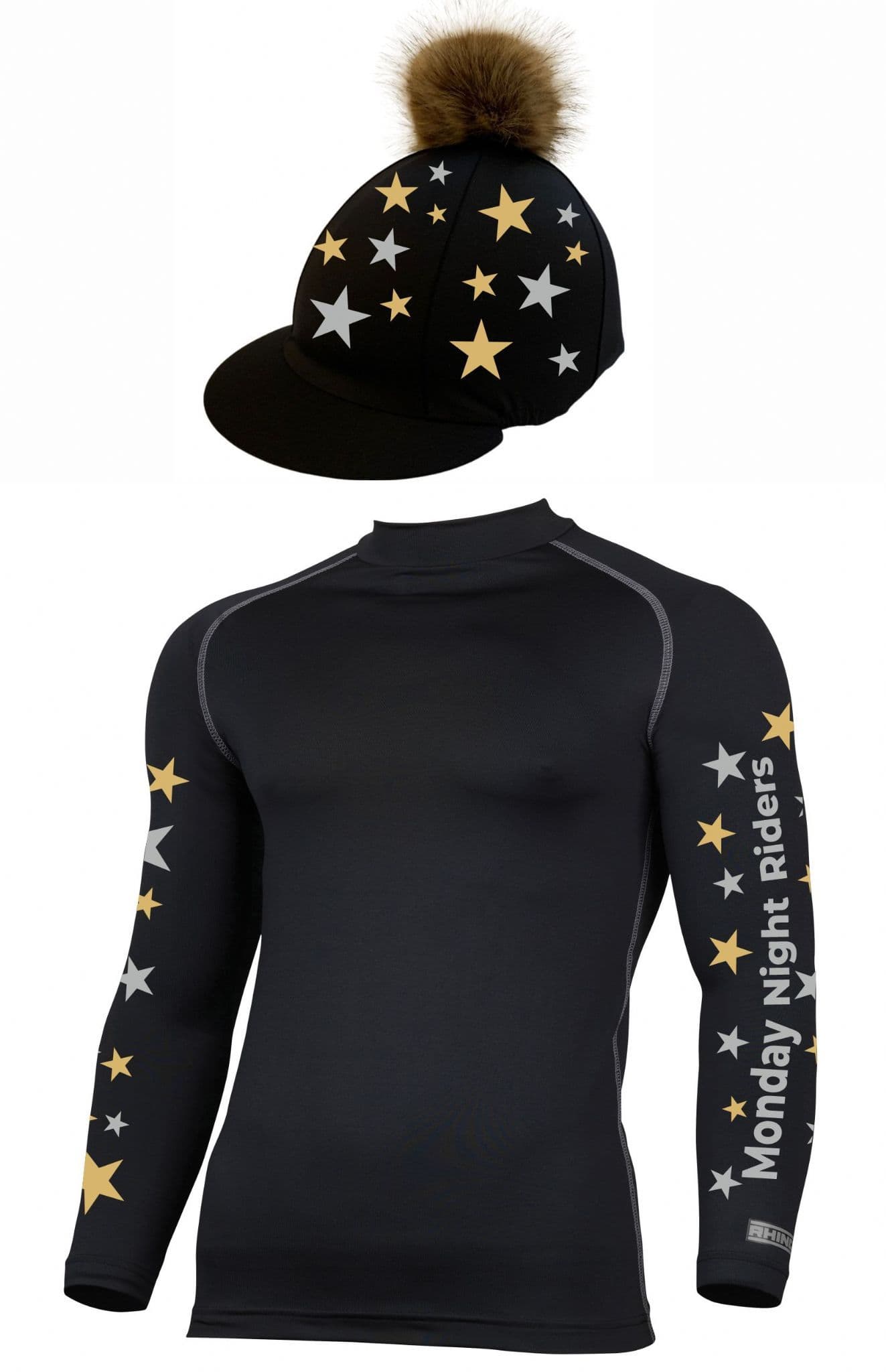 Adult's Monday Riders Club Black with gold/silver stars Base Layer & Hat Silk. (1)