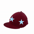 Austin Friars RC Burgundy Silk with blue large starsLycra Hat Silk with button