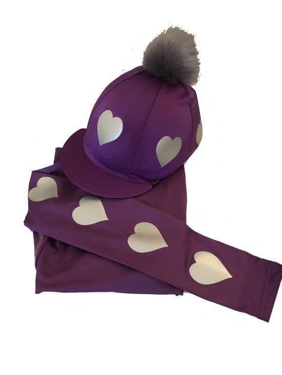Children's Purple With Silver Hearts Base Layer & Hat Silk