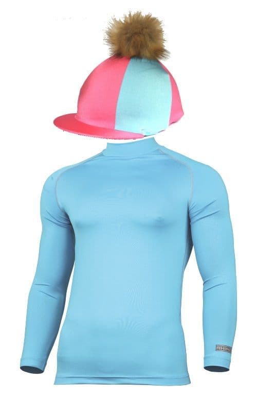 Children's Sky Blue Base Layer & Blue/Pink Hat Silk (Faux Fur Pompom)