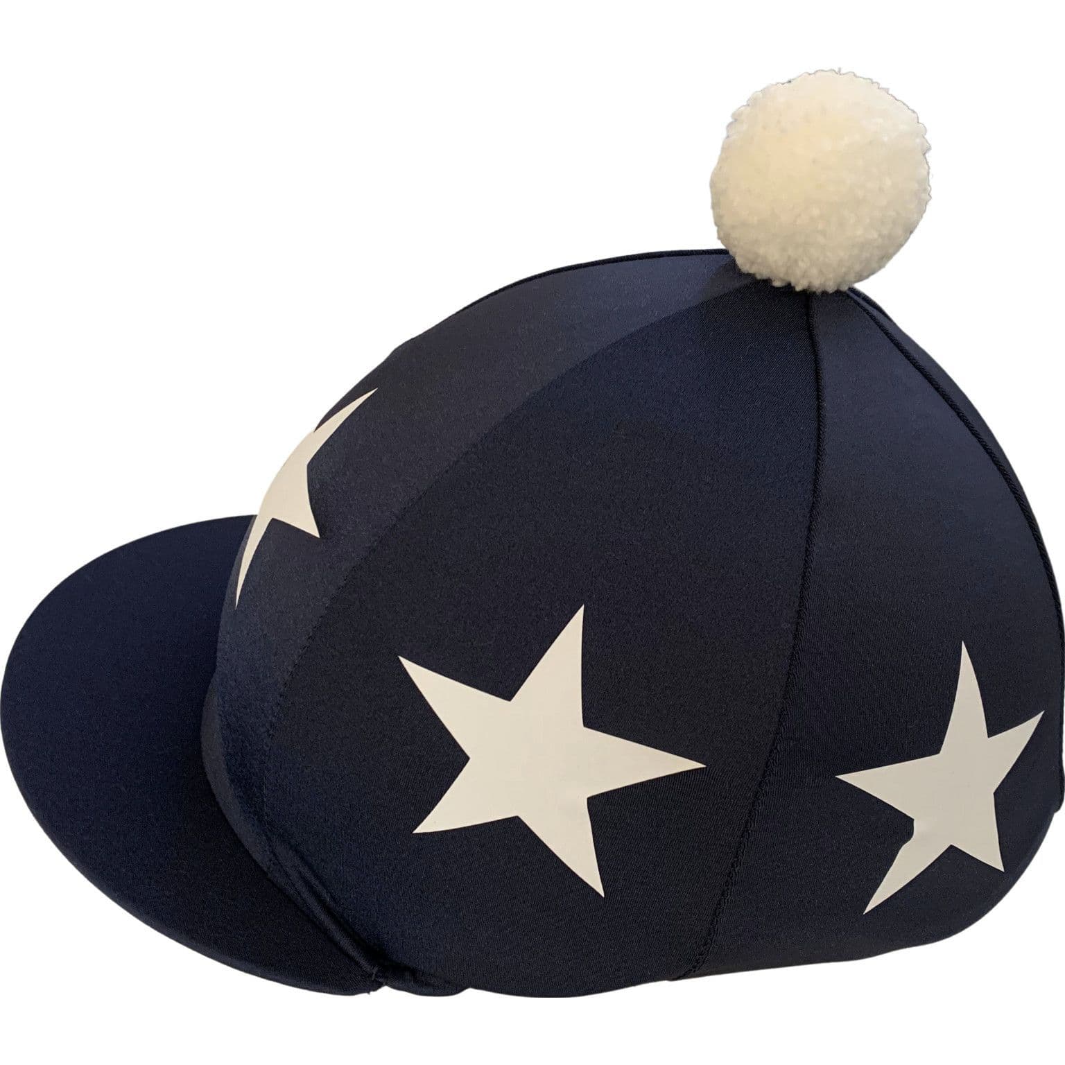 Dulverton West PC Navy Hat silk, with large white stars and a white pompom