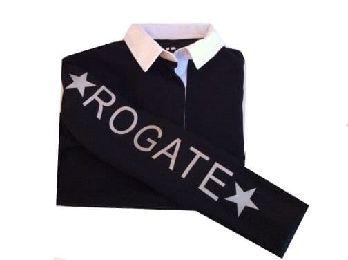 Ladies Fit Black Rugby Shirt With Rogate Down The Sleeves