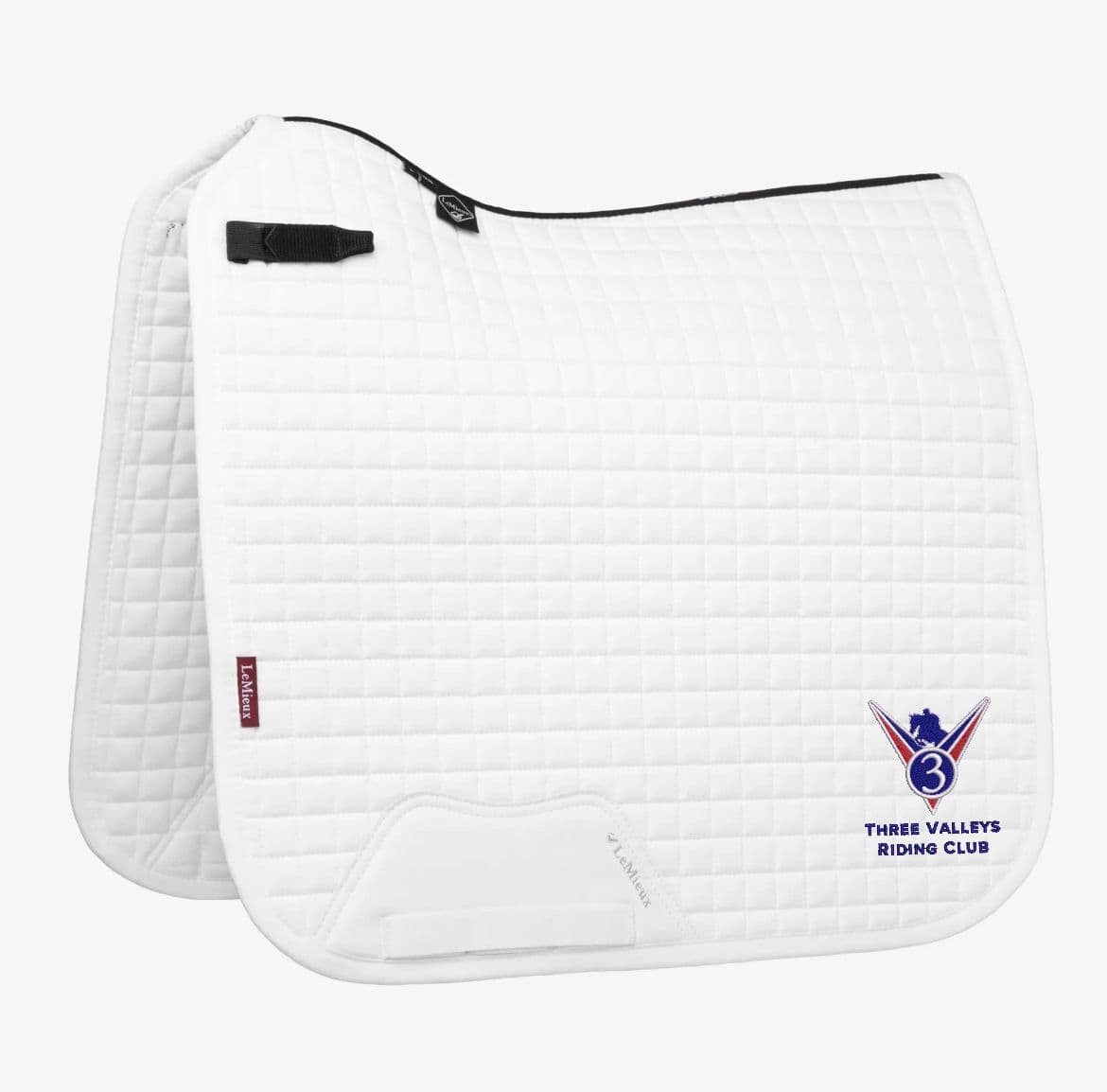 Three Valley's RC embroidered white Le Meiux Dressage Saddlecloths