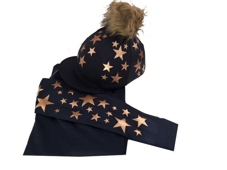 Whitby Riding Club Adult's Navy/ Gold Base Layer & Hat Silk With Faux Fur Pompom